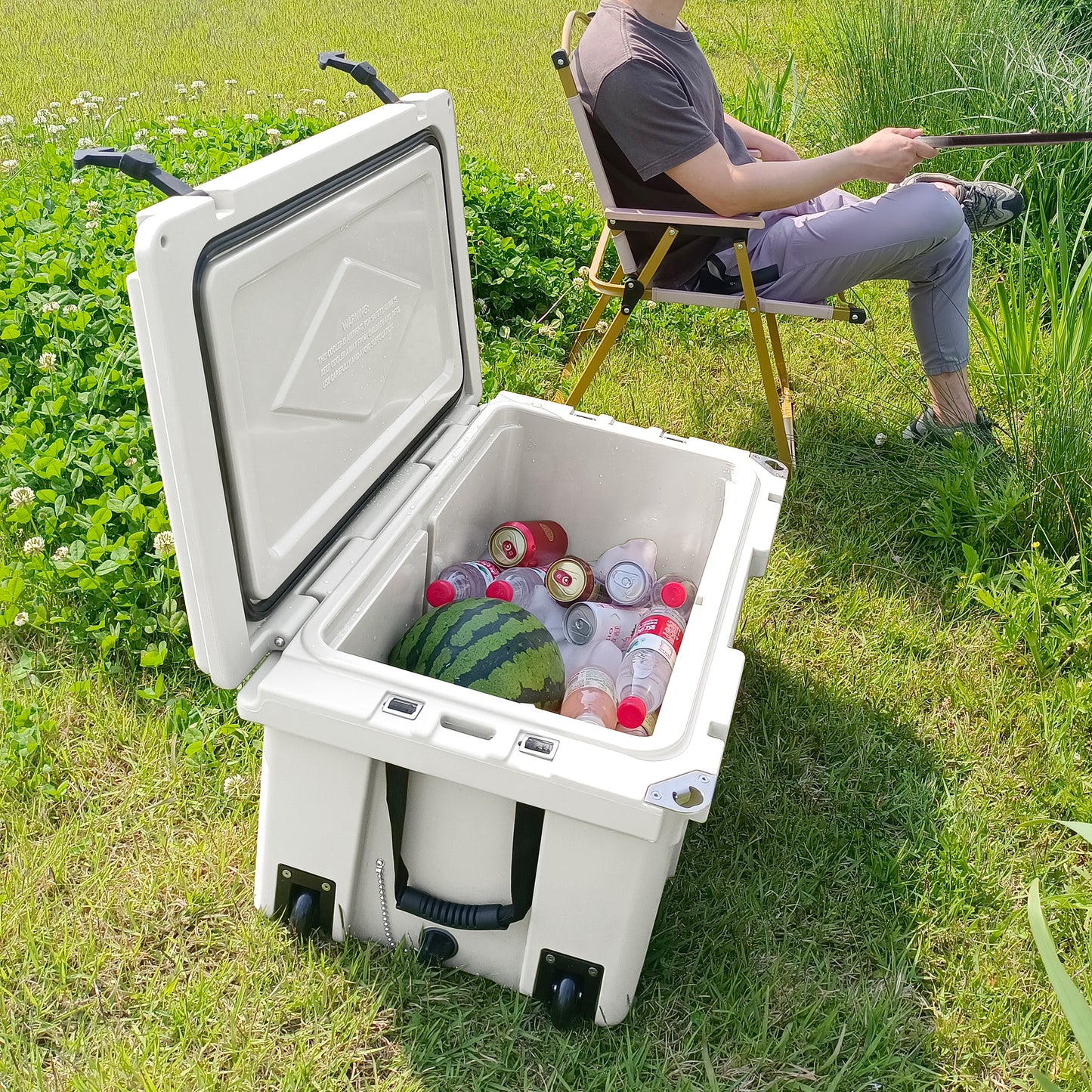 Open 65QT Camping Cooler showing spacious interior, heavy-duty rope handles, beer box for outdoor, Campingood