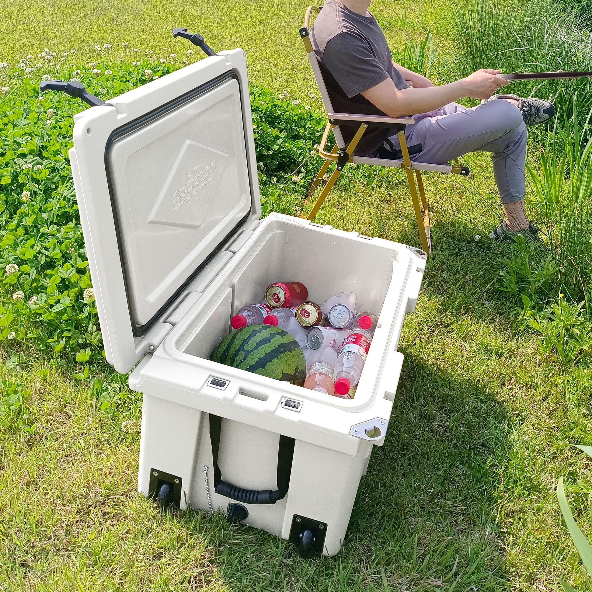 Open 65QT Camping Cooler showing spacious interior, heavy-duty rope handles, beer box for outdoor, Campingood