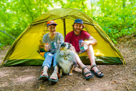 Gannet 4-Person Green Camping Tent Two people with a dog sitting in front of a yellow tent in a forest.