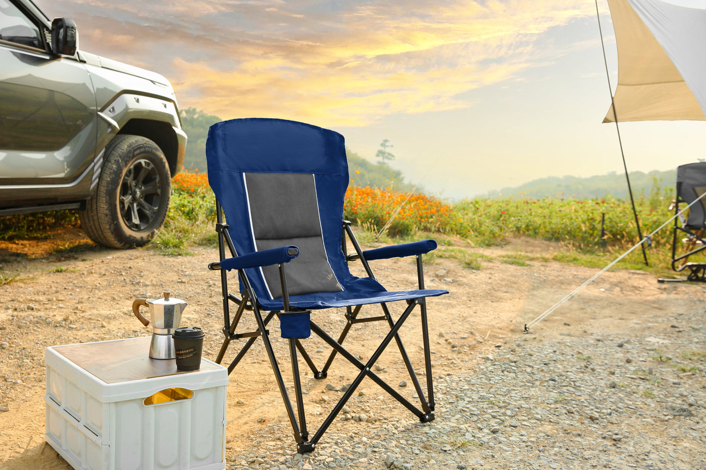 Heavy Duty Lawn Chair 250lbs Navy Blue with Cup for camping and outdoor | campingood.com