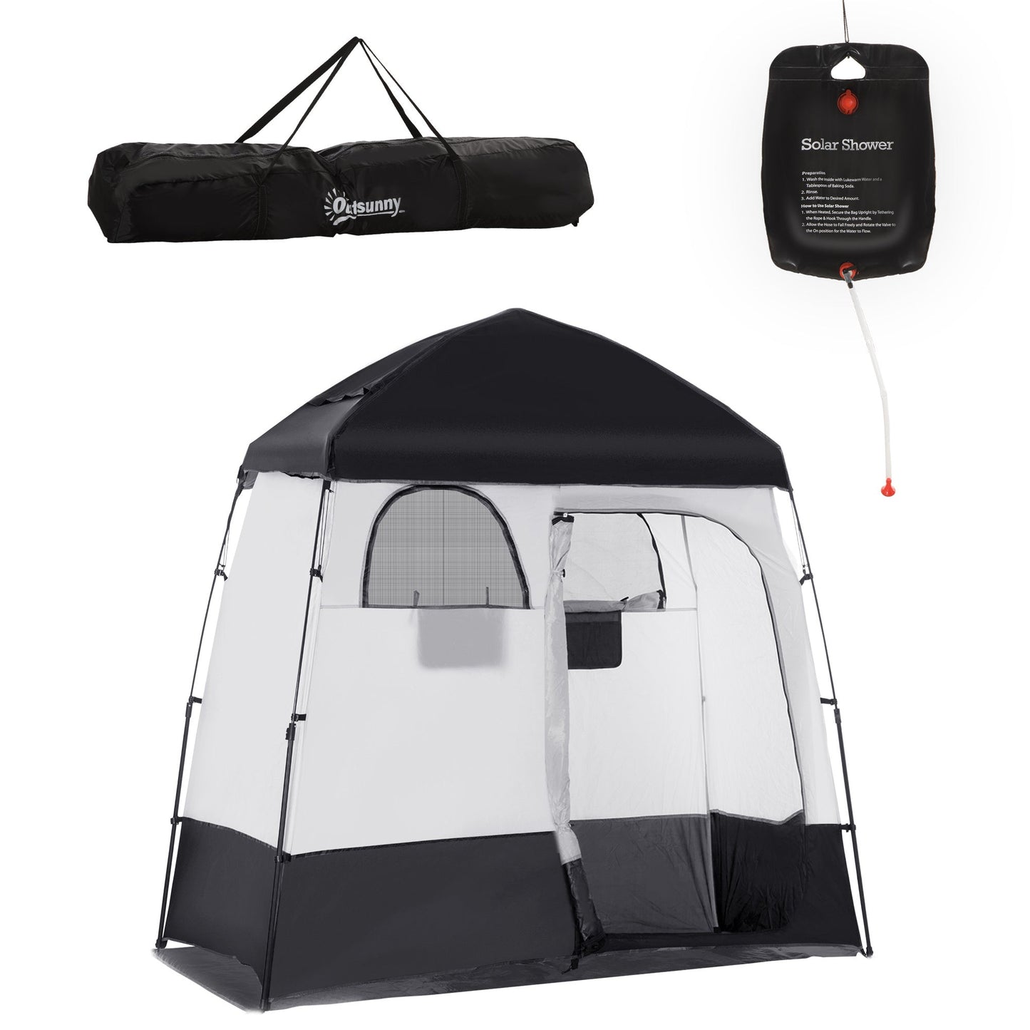 Outsunny Pop Up Shower Tent with 2 Rooms Black for camping and outdoor | campingood.com