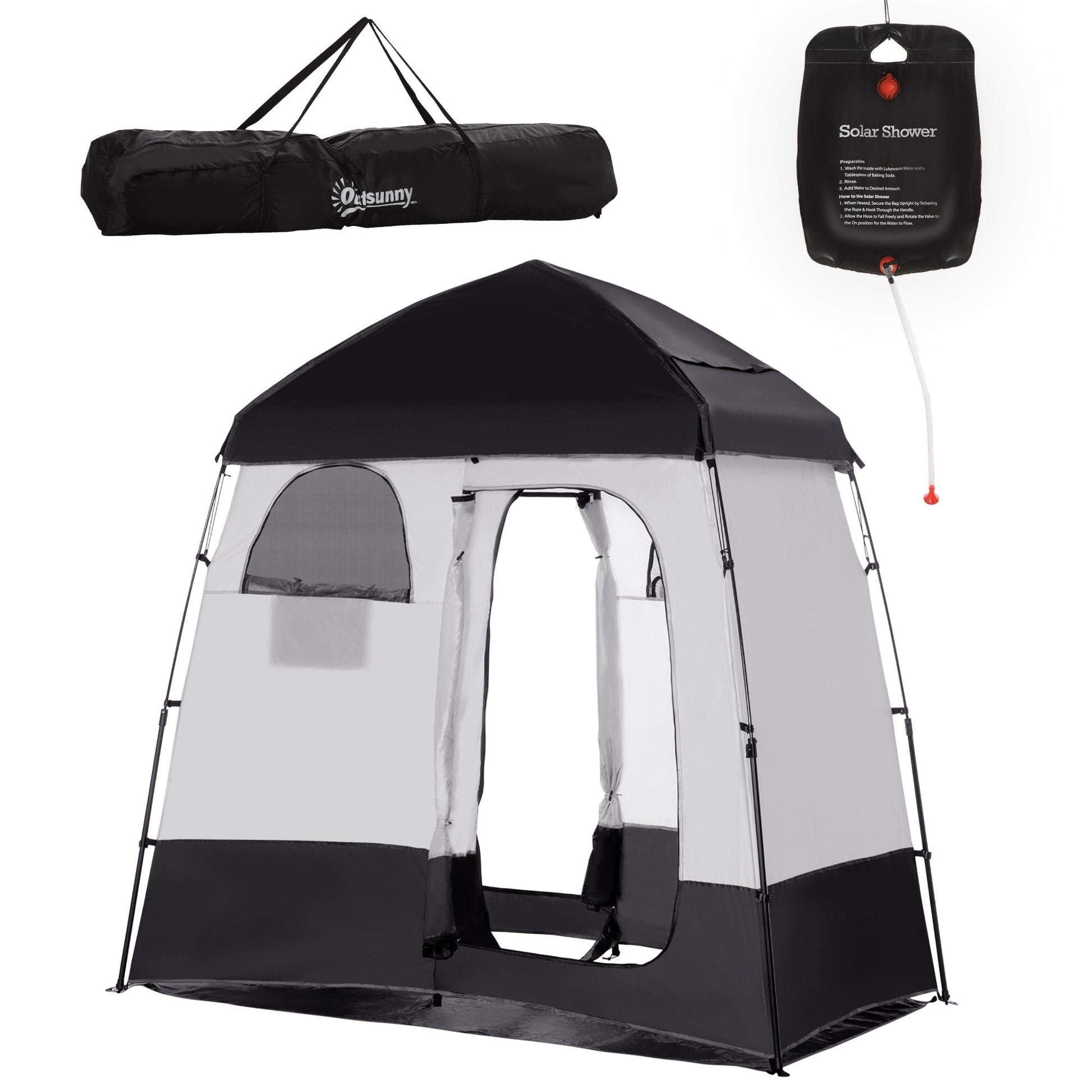 Outsunny Pop Up Shower Tent with 2 Rooms Black for camping and outdoor | campingood.com