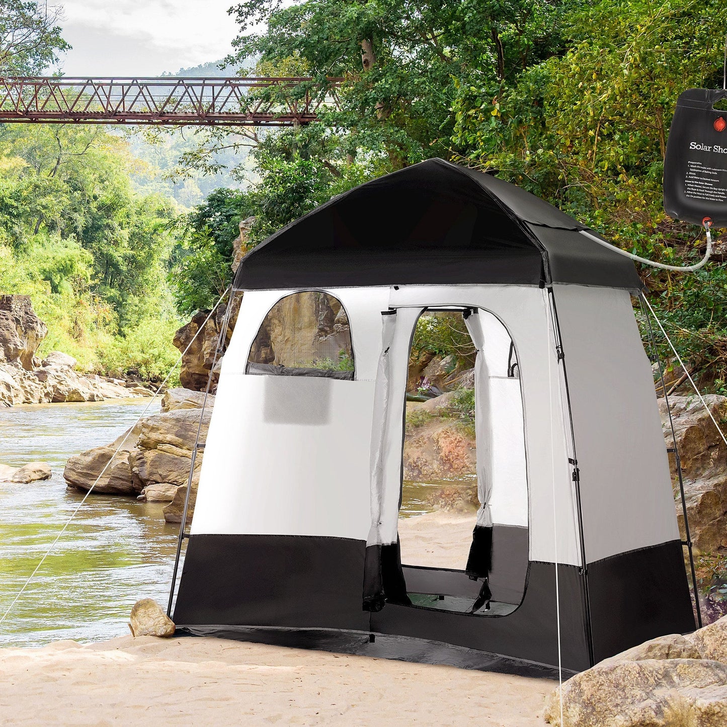 Outsunny Pop Up Shower Tent with 2 Rooms Black for camping and outdoor | campingood.com
