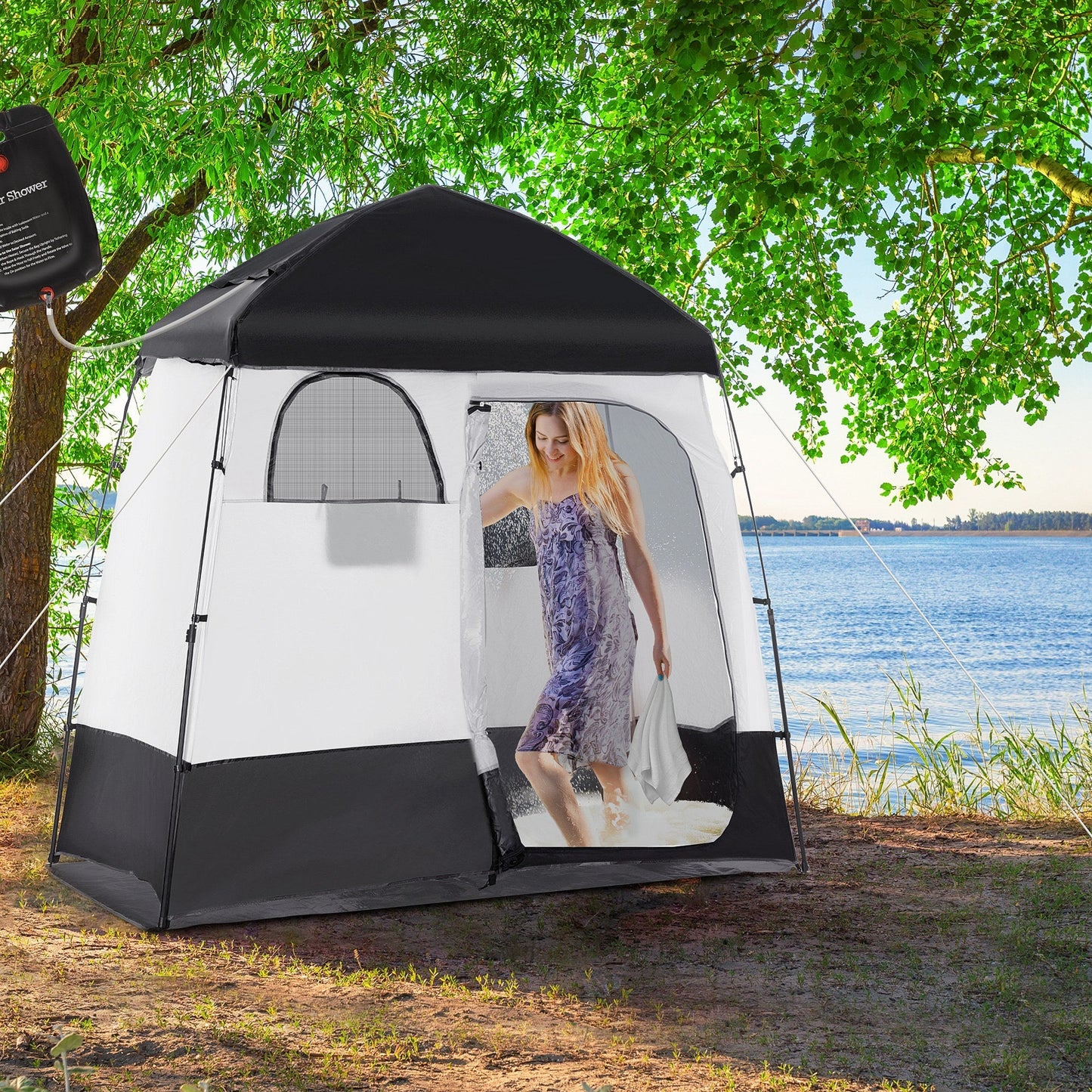Outsunny Pop Up Shower Tent with 2 Rooms Black for camping and outdoor | campingood.com