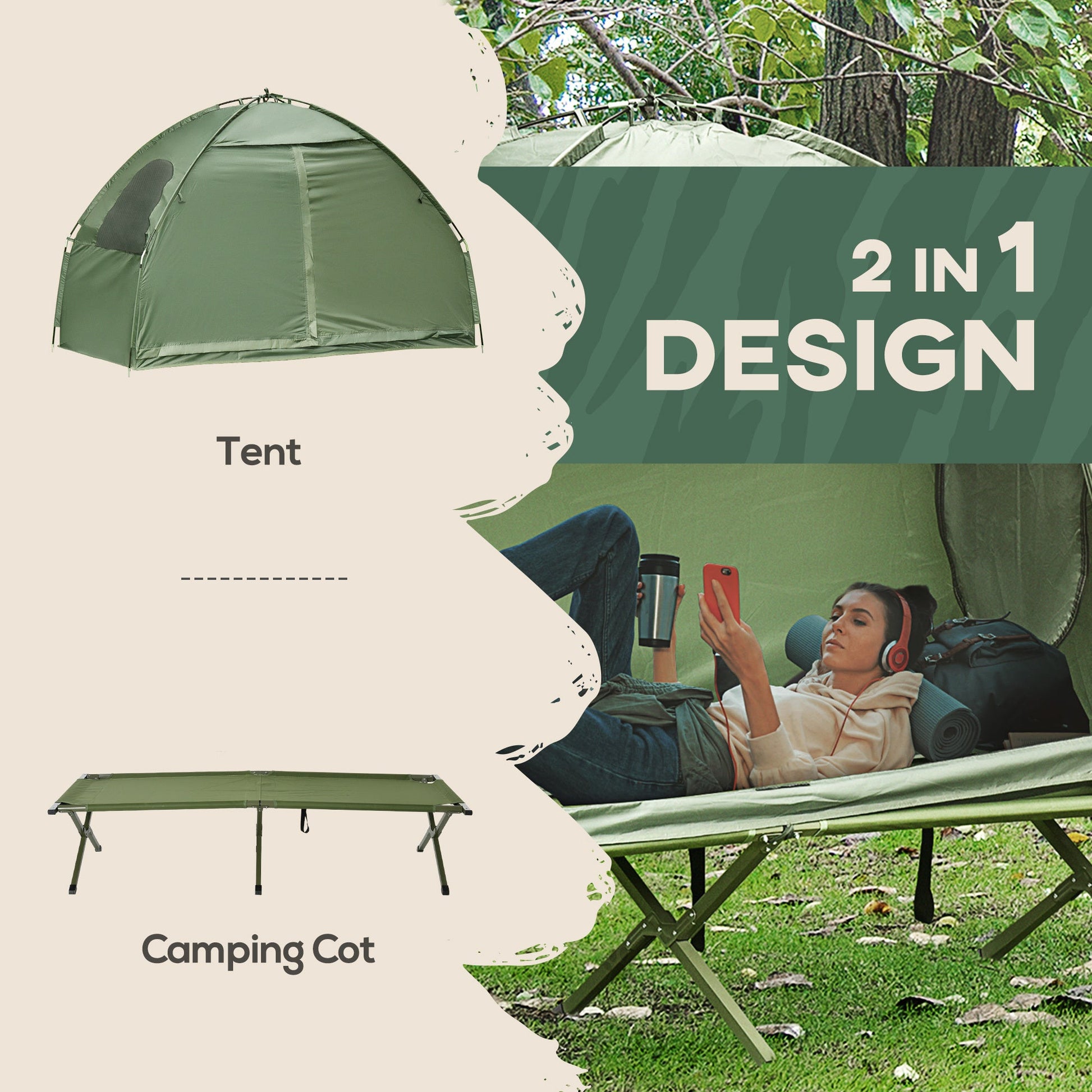 Outsunny Tent Cot Green Single Person for camping and outdoor | campingood.com