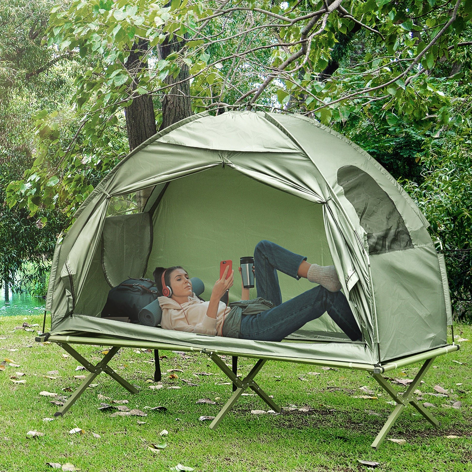 Outsunny Tent Cot Green Single Person for camping and outdoor | campingood.com